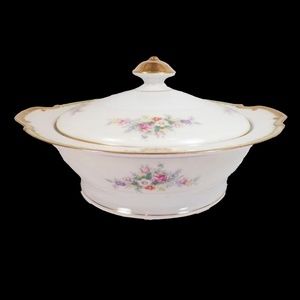 Vintage  Royal China Japan Covered Serving Dish Flowers Yellow Band Scroll RCJ1